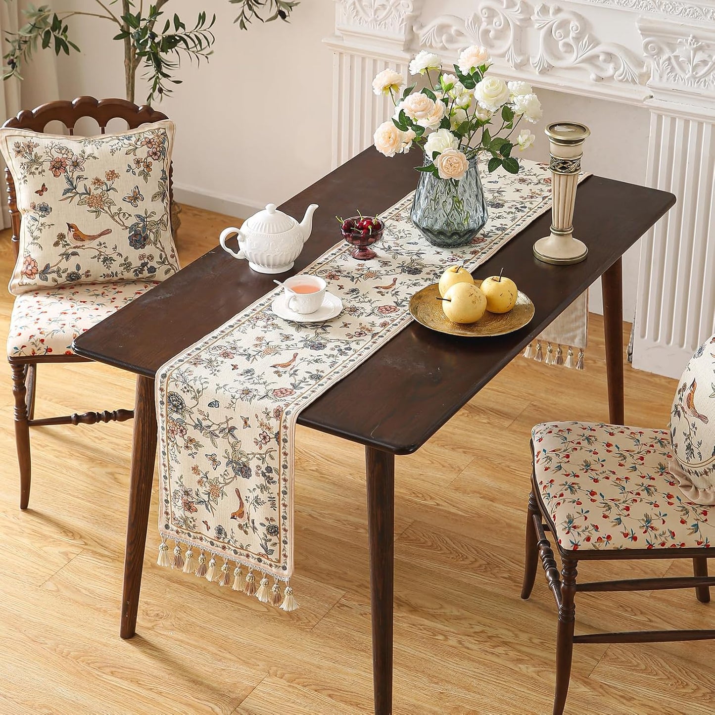 ISAENNE Designer Linen Table Runner 87 Inches Long,Elegant Floral Bird Pattern Table Runners for Dining Room,Farmhouse Rustic Kitchen Decor,Thanksgiving,Christmas,12"*87"-Cornucopia