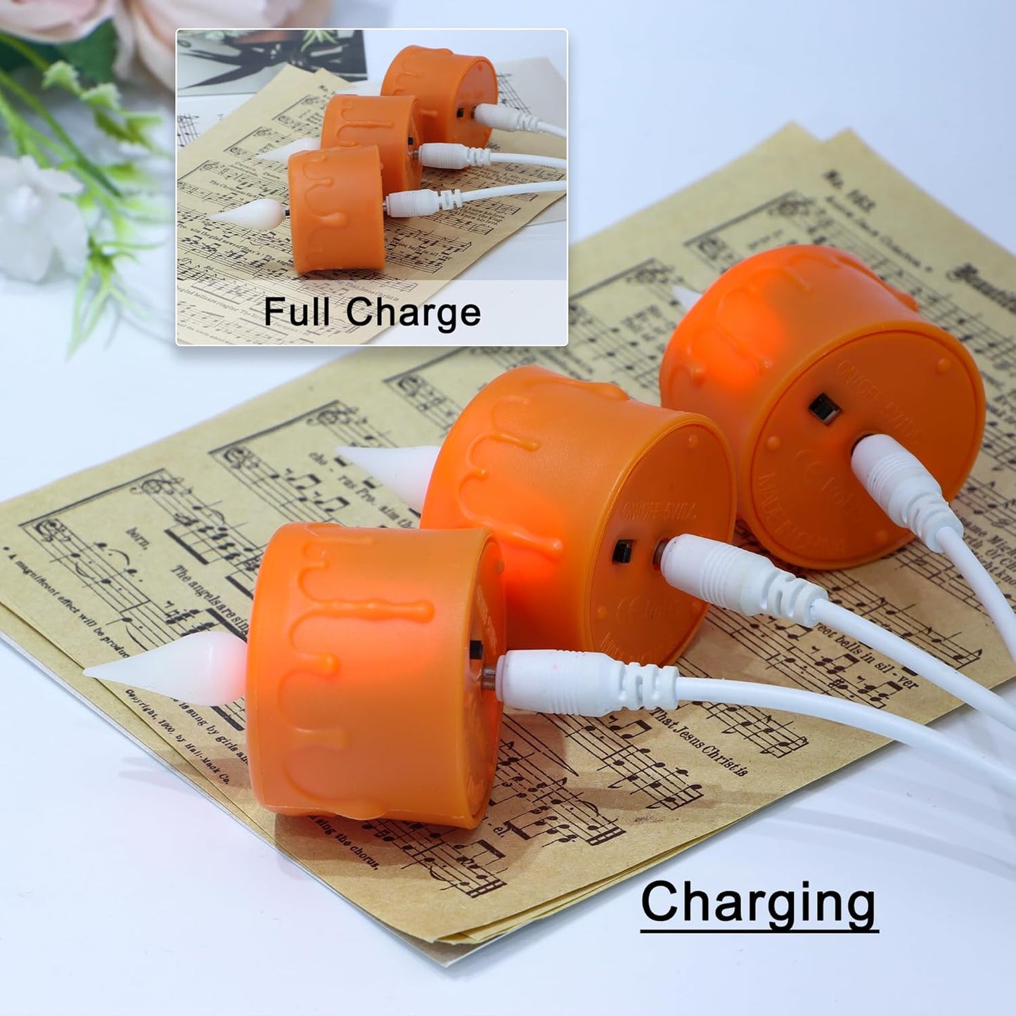 FREEPOWER Orange Halloween Candles,Rechargeable Flameless Candles with Remote Timer, Soft 3D Wick LED Tealights Candle, Rechargeable Candles Flickering Realistic for Halloween Decorations,Set of 6