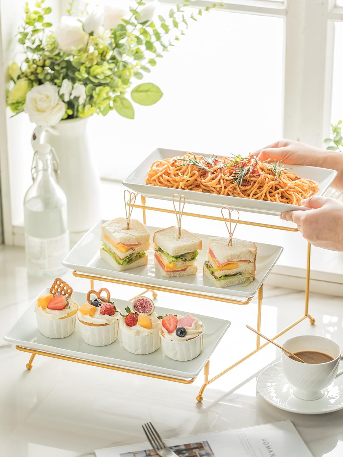 YHOSSEUN Large 3 Tier Serving Tray with Serving Stand, Serving Dishes for Entertaining, Tiered Serving Tray for Valentines Day, Suitable for Dessert Table Display Set Catering Supplies, 12 inch Gold