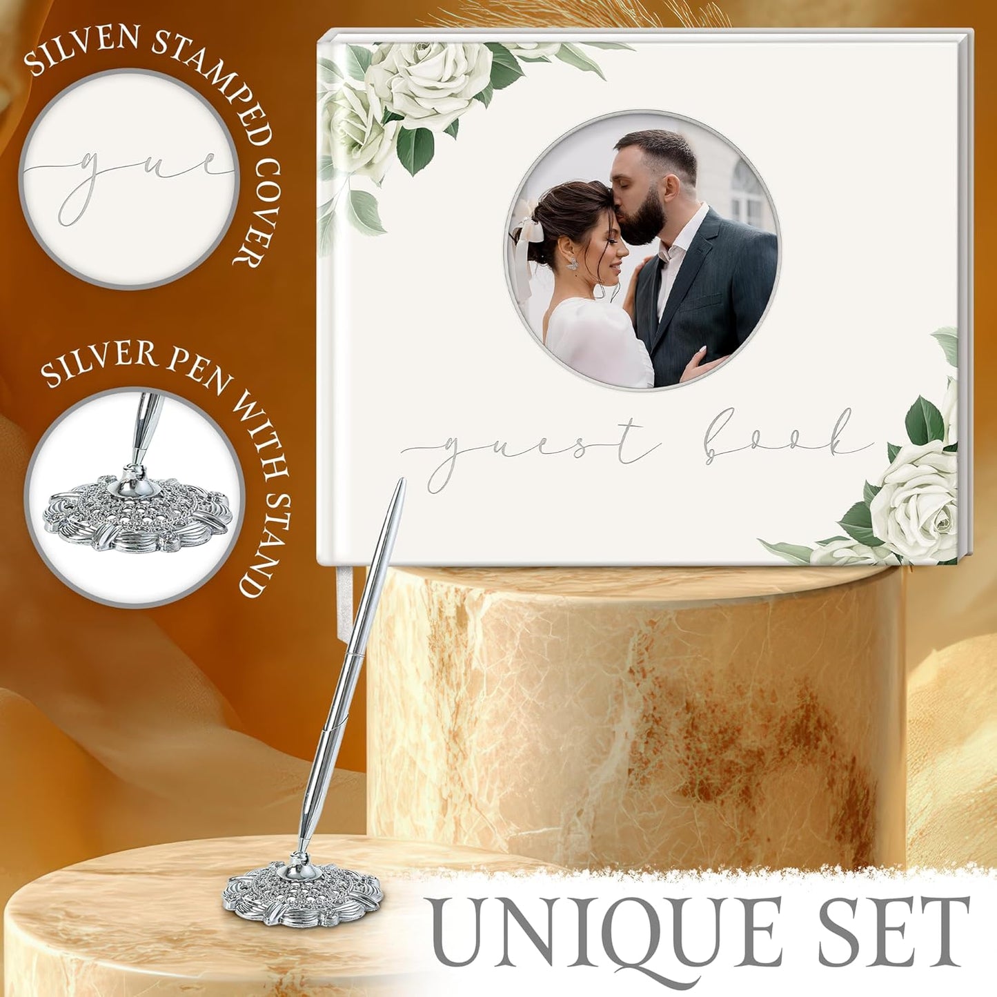 Wedding guestbook Cover Size 8x10 inch, Wedding Memory Book Bundle with a Pencil, Guest Wedding Book, Full Color Printing with Round Photo Frame.