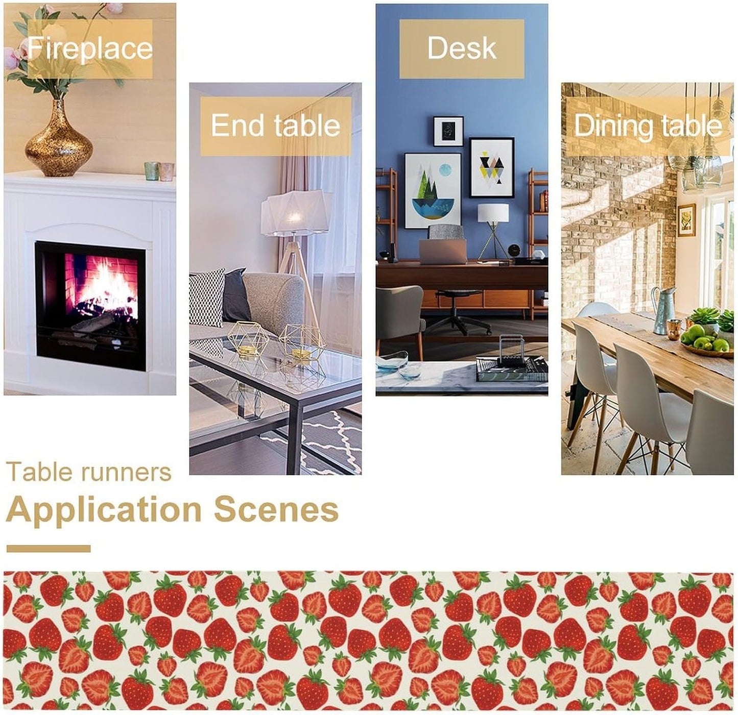 Strawberry Table Runner,Spring Summer Fruit Print Table Runner for Kitchen Dining Table Home Party Decoration 13x108 Inch