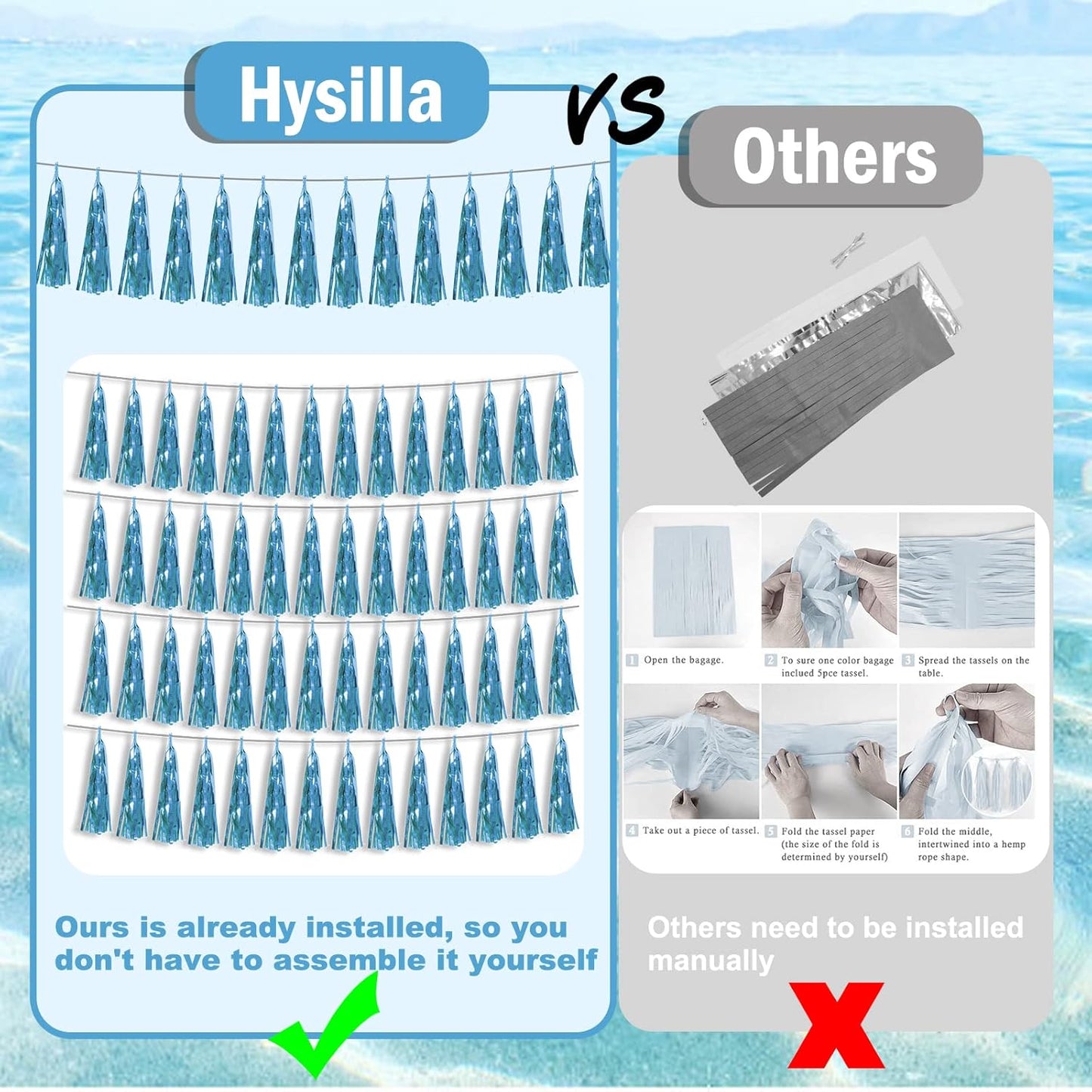 6P Light Blue Foil Fringe Metallic Tassel Streamers Banner Tassel Garland for Parade Floats, Bachelorette, Wedding, Birthday, Graduation, Christmas, Bridal/Baby Shower Party Decorations