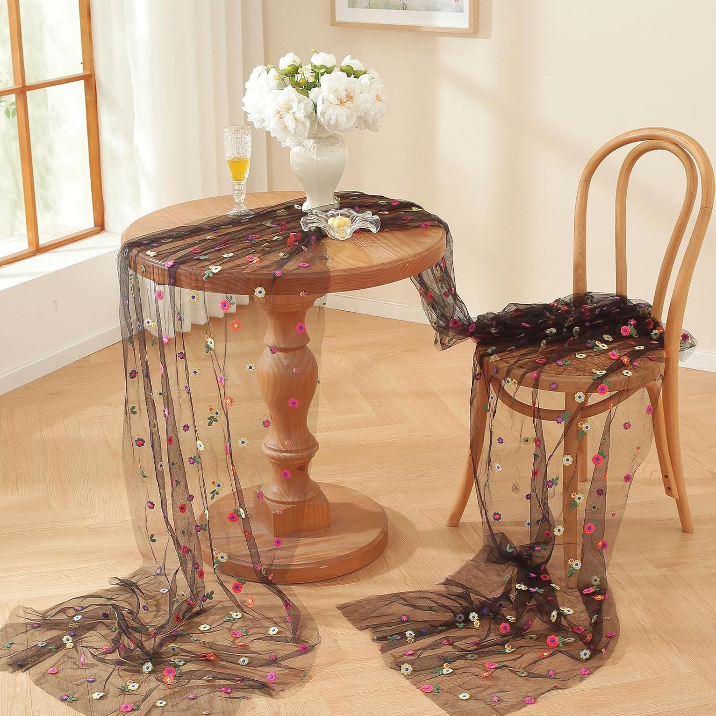 Black Embroidery Daisy Fall Table Runner 120Inch 10FT Florals Soft Sheer Tulle Fabric Table Runner for Home Decor, Brithday, Wedding, Baby Shower ,Holiday ,Parties, DIY Craft,1PC