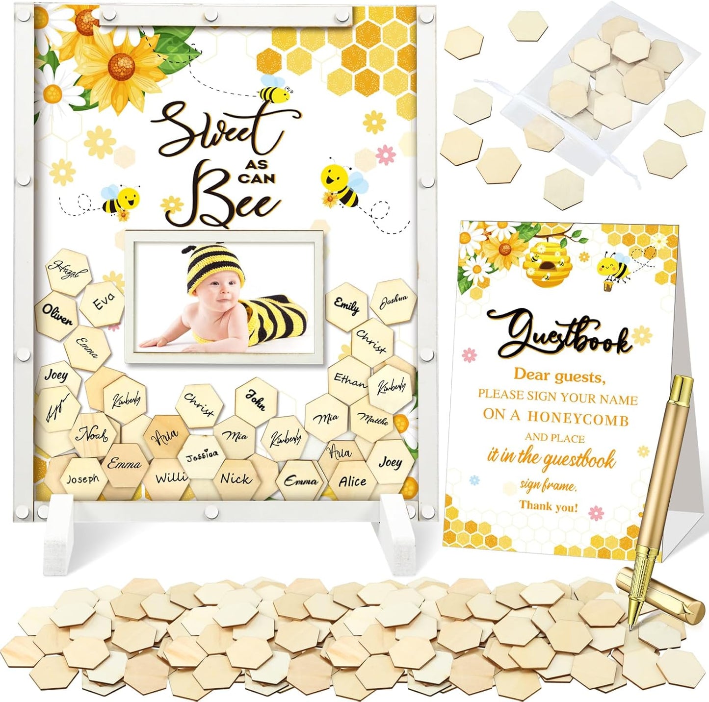65 Pcs Baby Shower Guest Book Alternatives He or She Gender Reveal Baby Shower Decorations Sign in Guest Book with Picture Frame and 60 Wooden Chip Sweet as Can Bee Decorations