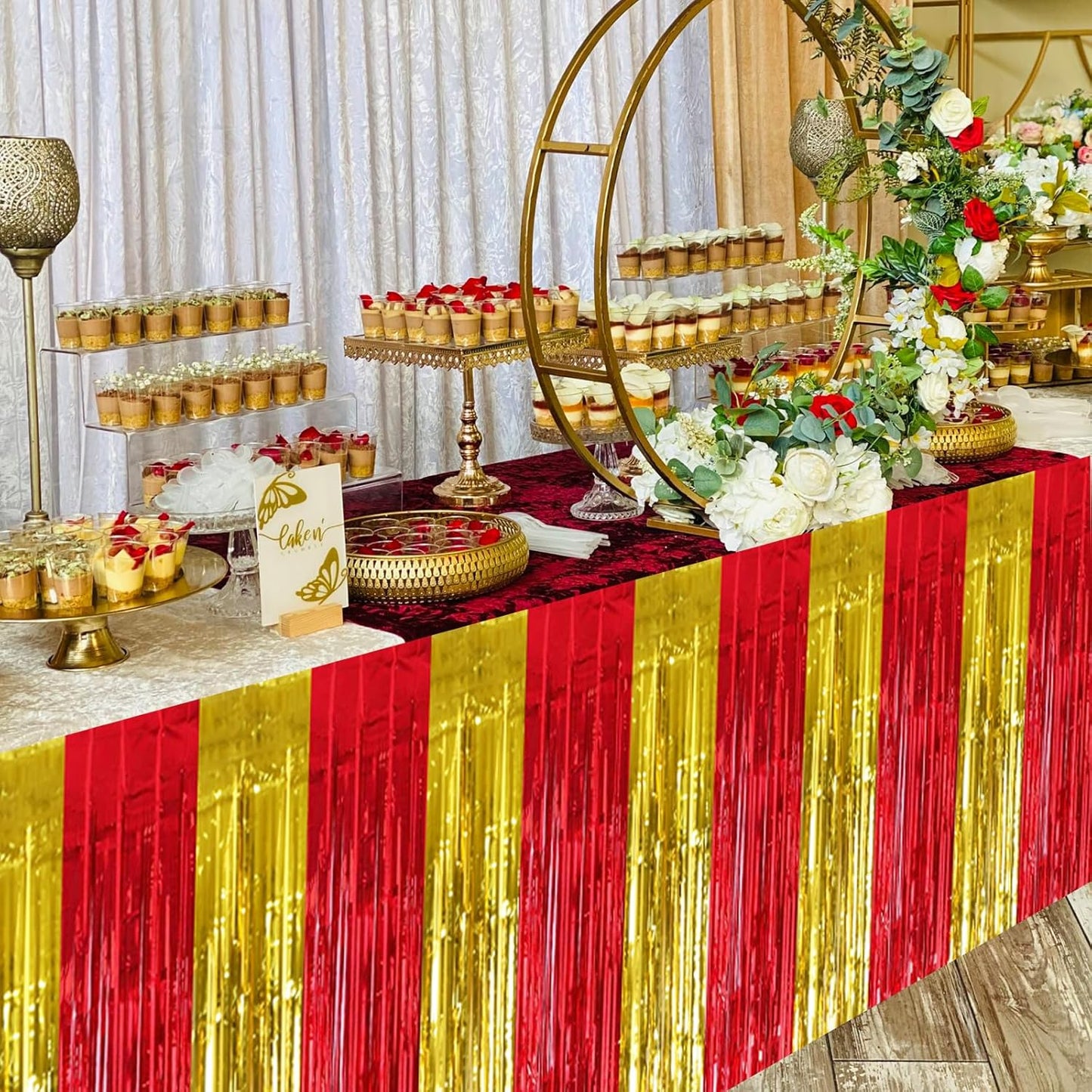BEISHIDA 2 Pack Red Gold Table Skirts Party Decorations Metallic Tinsel Foil Fringe Decors for Rectangle and Round Table Birthday Chinese New Years Holiday Graduation Congrats 2026 Party