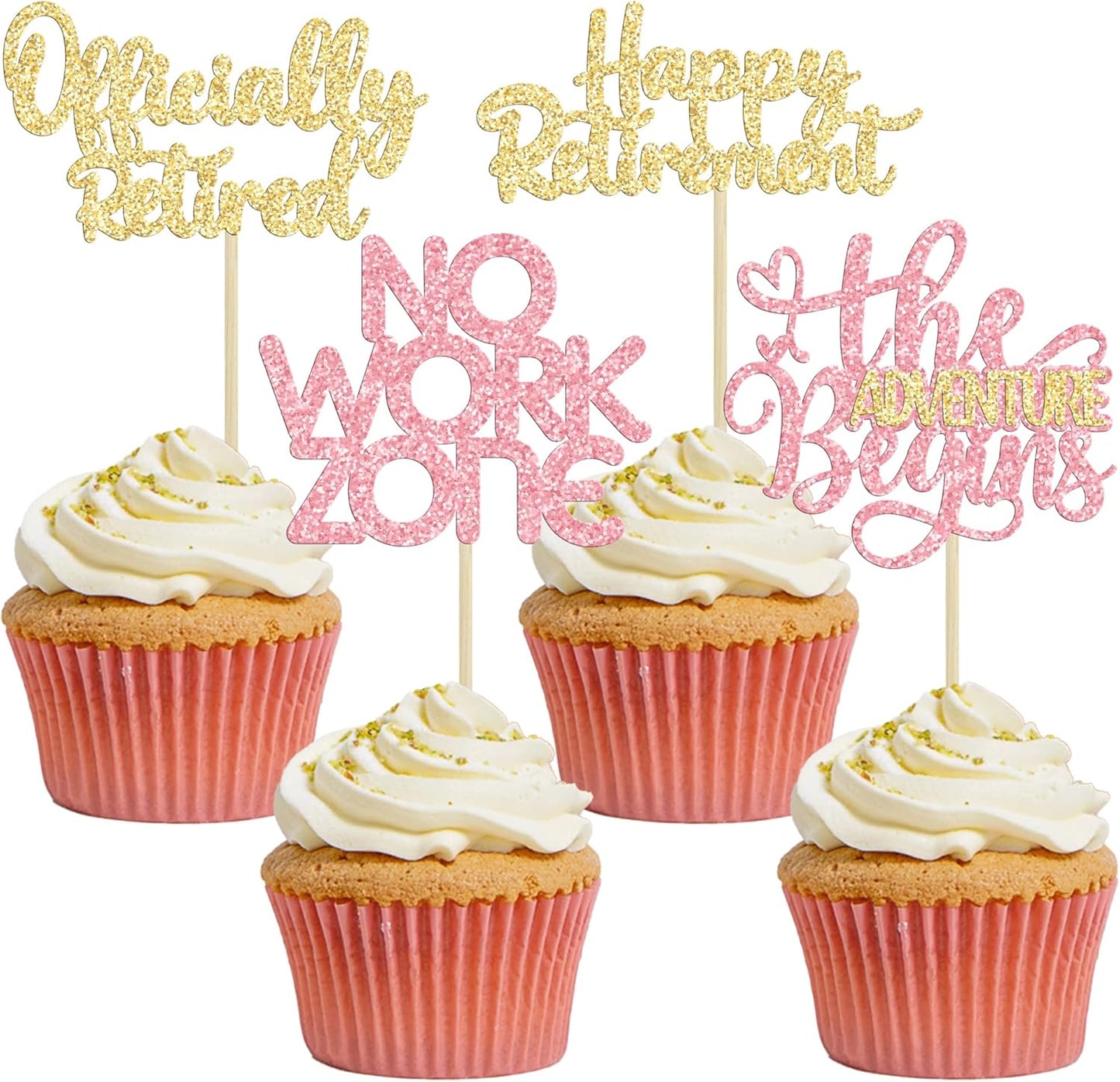 24Pcs Happy Retirement Cupcake Toppers Officially Retired Cake Toppers No Work Zone Adventure Begins Cupcake Picks Retirement Theme Farewell Birthday Party Decorations Supplies PInk Gold