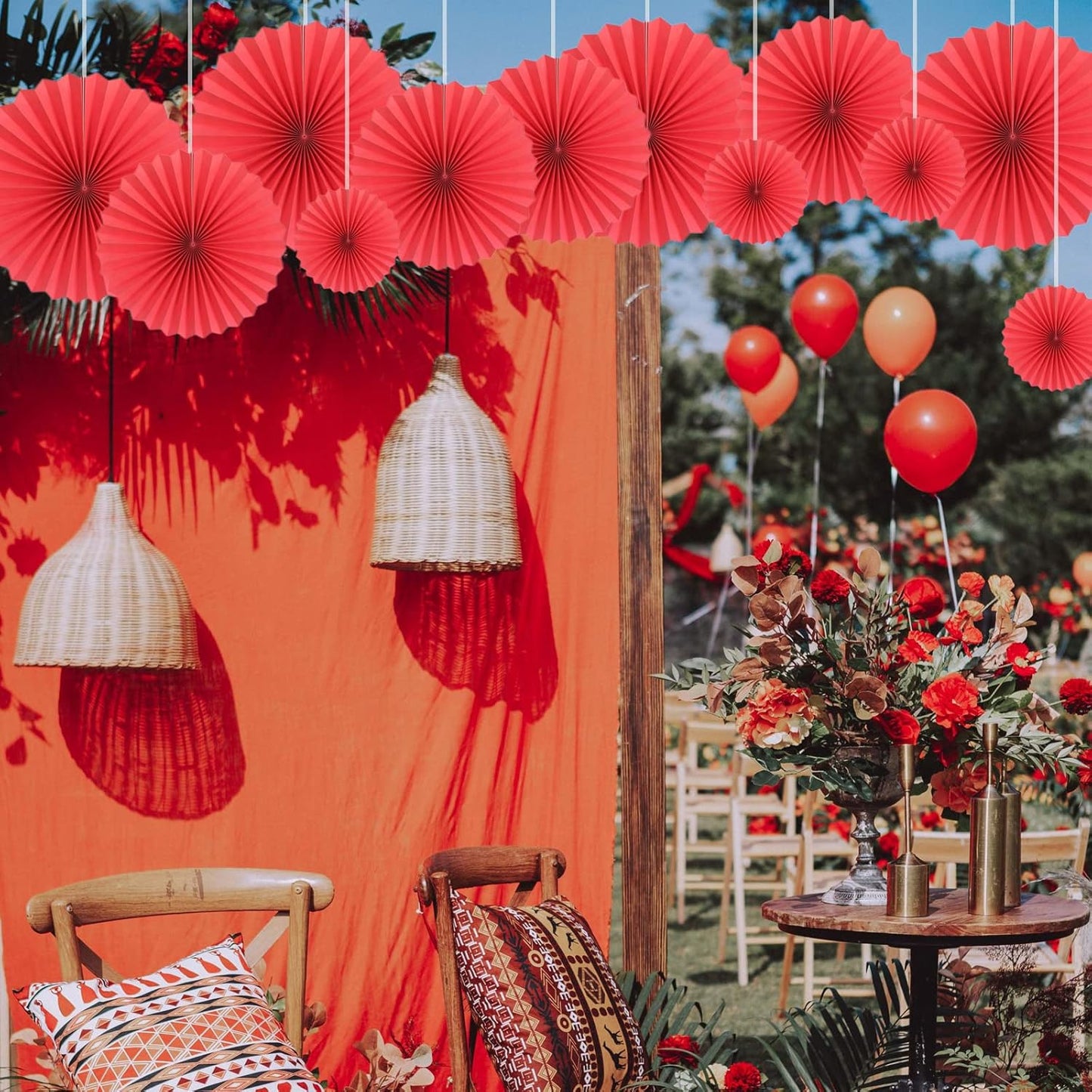 HQZ Red Party Hanging Fans DIY Set - 12pcs Pinwheels & Flowers for Weddings, Birthdays, Christmas; Hanging Fan Decorations