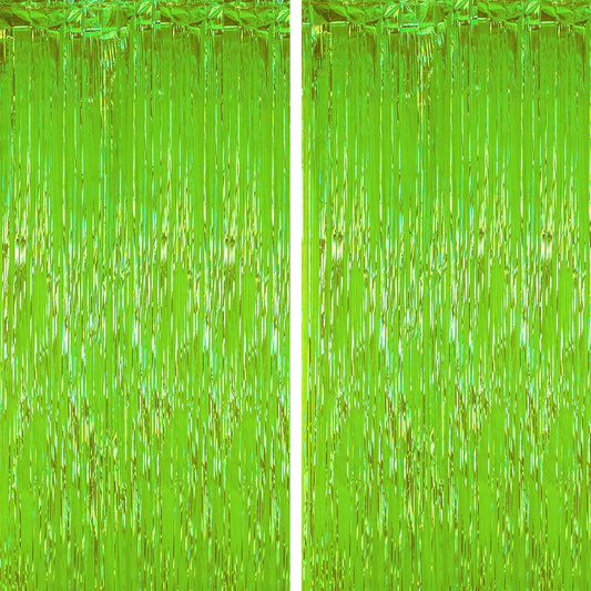 2 Pack Green Iridescent Tinsel Foil Fringe Curtains, Neon Party Decorations, Metallic Tinsel Party Streamers Backdrop for Birthday Baby Shower Halloween Wedding Party Decorations
