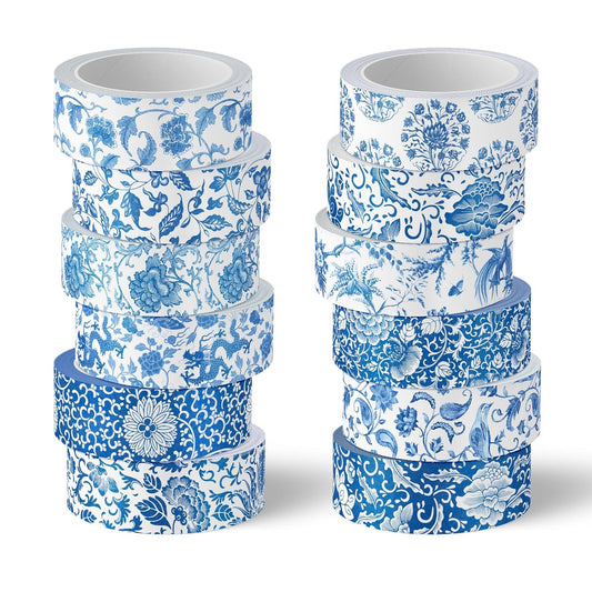 Whaline 12 Rolls Blue Floral Washi Tape Chinoiserie Flower Washi Tape Vintage Masking Decorative Gift Wrapping Paper Tape for DIY Craft Scrapbook Envelope Party Favor Supplies