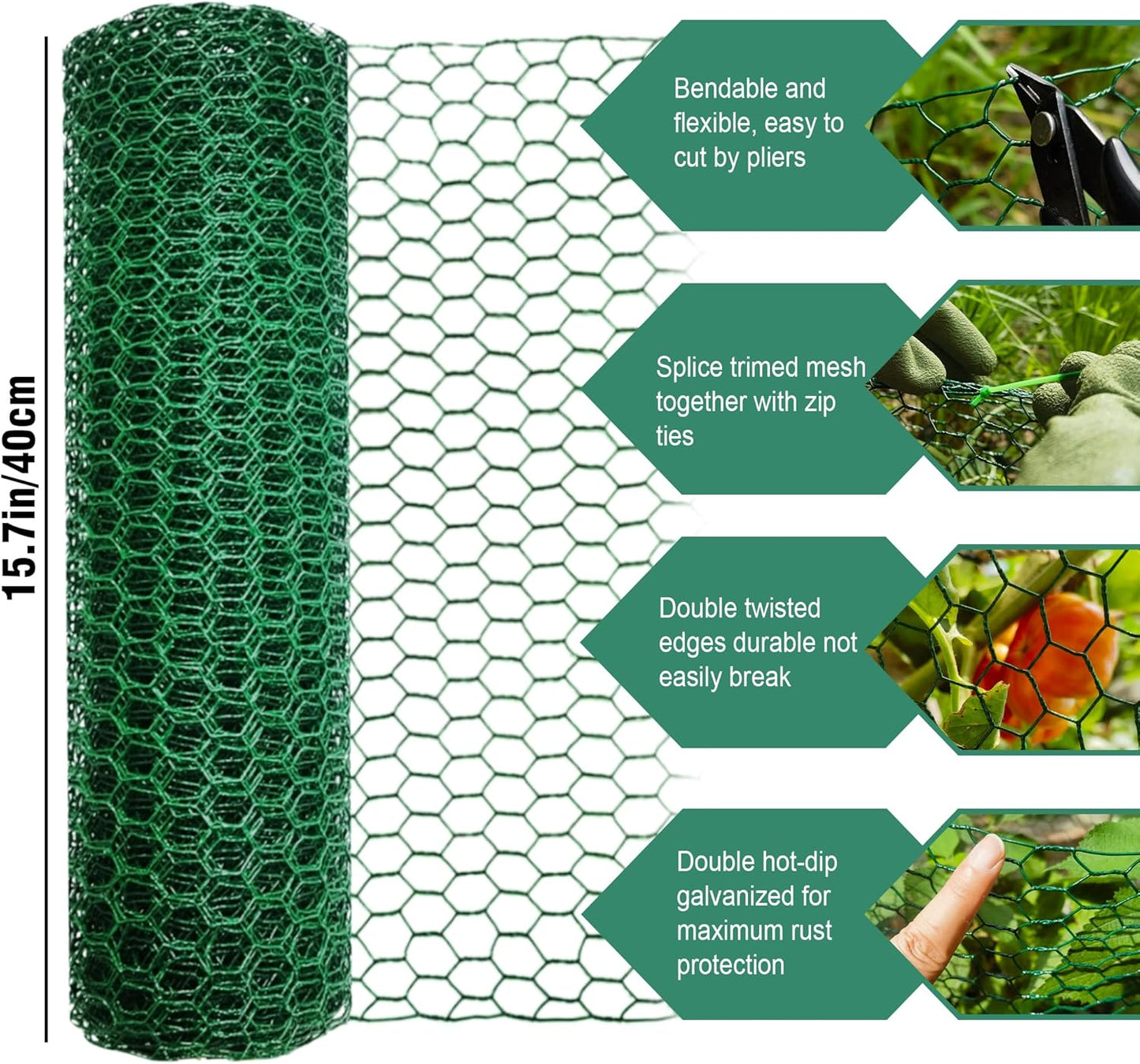 16.4Ft x16In Chicken Wire for Floral Arrangements - Free-Cut Green Metal Mesh with Hexagonal Galvanized PVC Coated Netting Guard Fence for Poultry, Garden, Plant