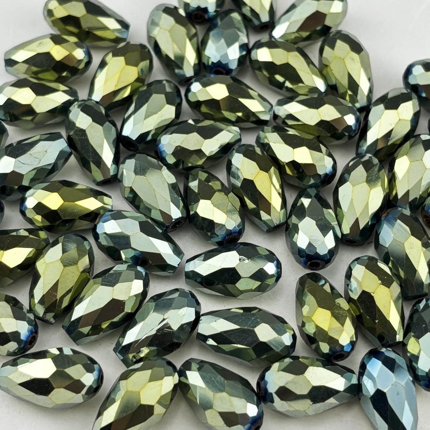 50pcs 10x15mm Teardrop Crystal Glass Beads for Jewelry Making, Faceted Vertical Hole Teardrop Glass Spacer Beads for Wind Chimes Bracelet Earring Necklace DIY Craft(Green Light)