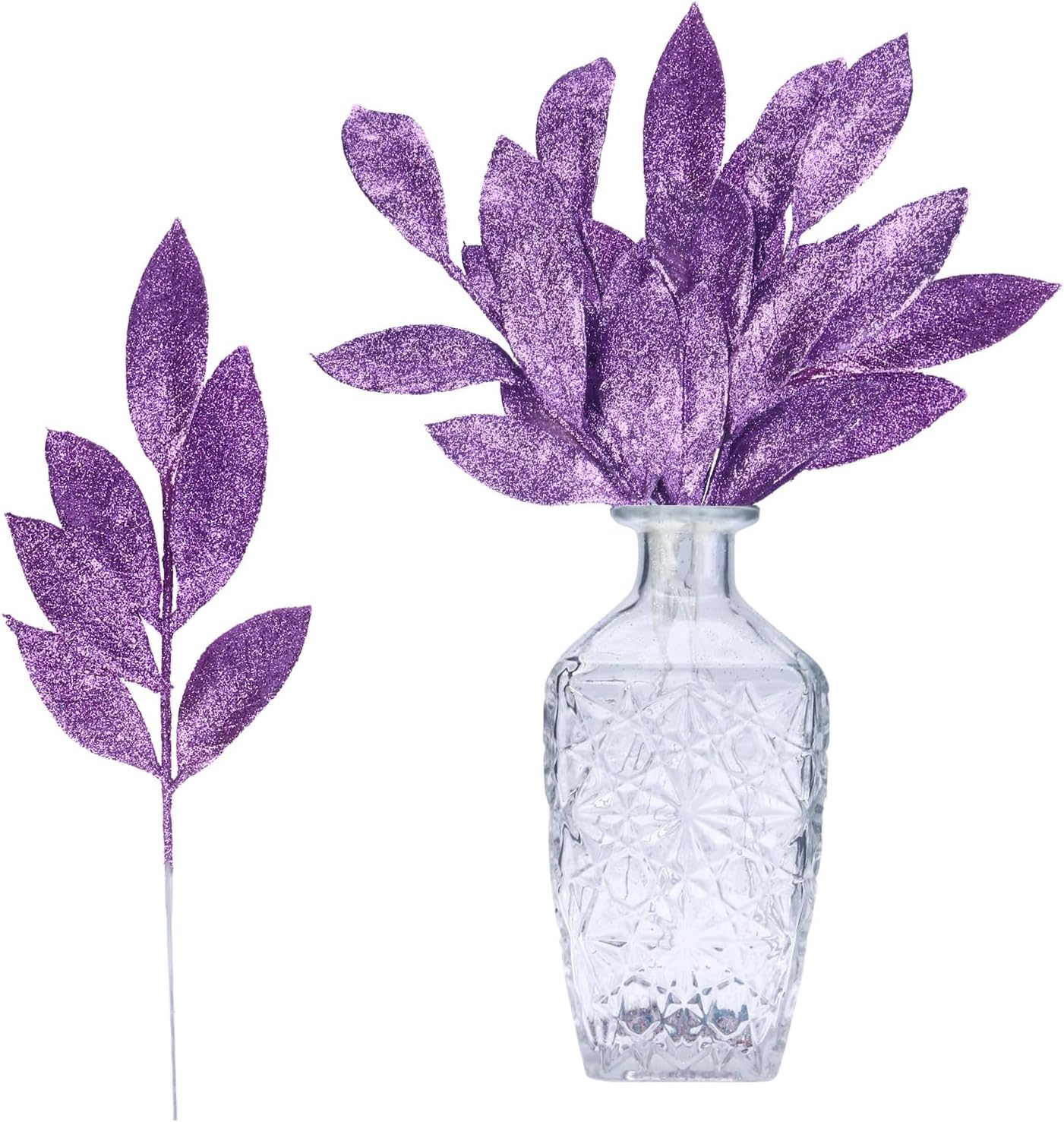 GREENTIME 12 Pack Artificial Purple Glitter Leaves 13" Fake Christmas Picks Decorative Glitter Sticks for Vase Christmas Tree DIY Wreath Crafts Fireplace Decor