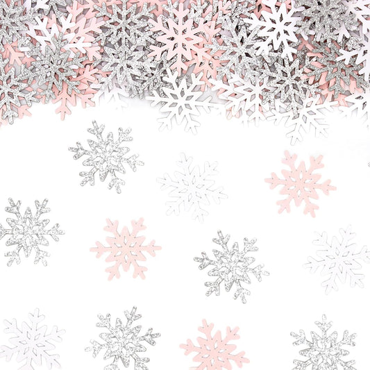 200PC White Pink Silver Snowflake Confetti for Winter Wonderland Decorations Small Snowflakes Table Scatter for Winter Onederland Christmas Birthday Baby Shower Party Table Decor Supplies