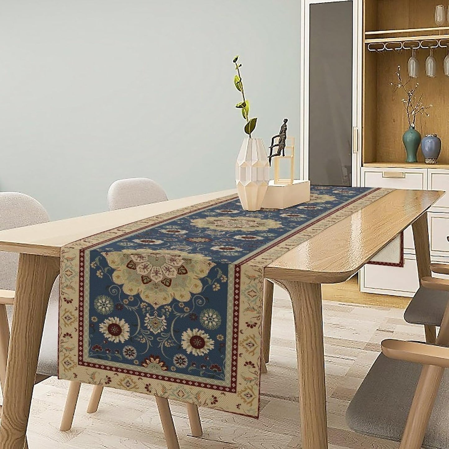 Vintage Boho Floral Table Runner, Elegant Rustic Country Farmhouse Blue Yellow Retro Flower Pattern for Home Kitchen Table Decor Dining Coffee Room Party Decor 13x36in