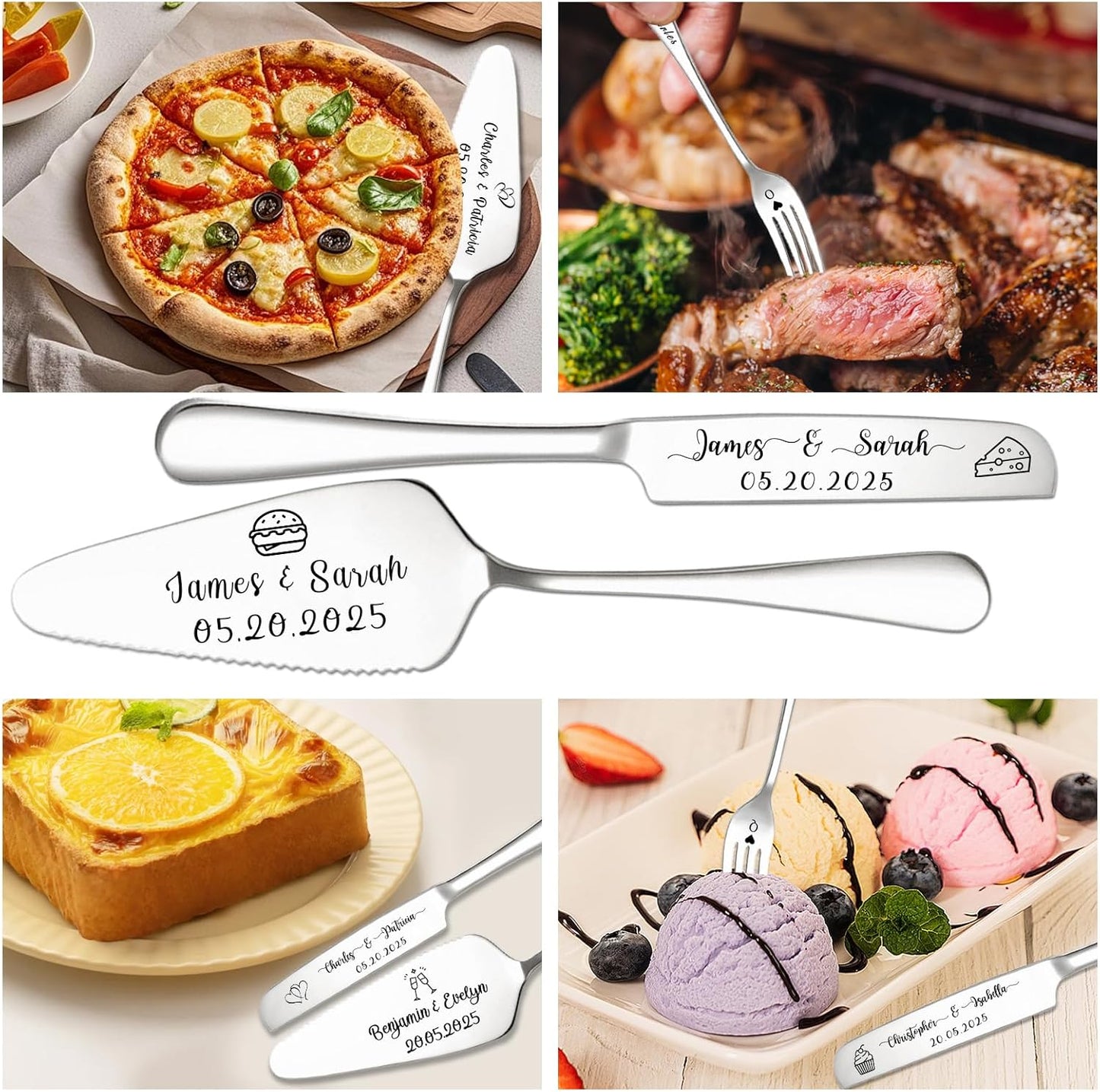 Custom Wedding Cake Knife and Server Set Personalized Cake Cutter with Engraved Text Bridal Cake Cutting Set with Gift Box for Weddings Anniversary Birthday (Silver - with fork)