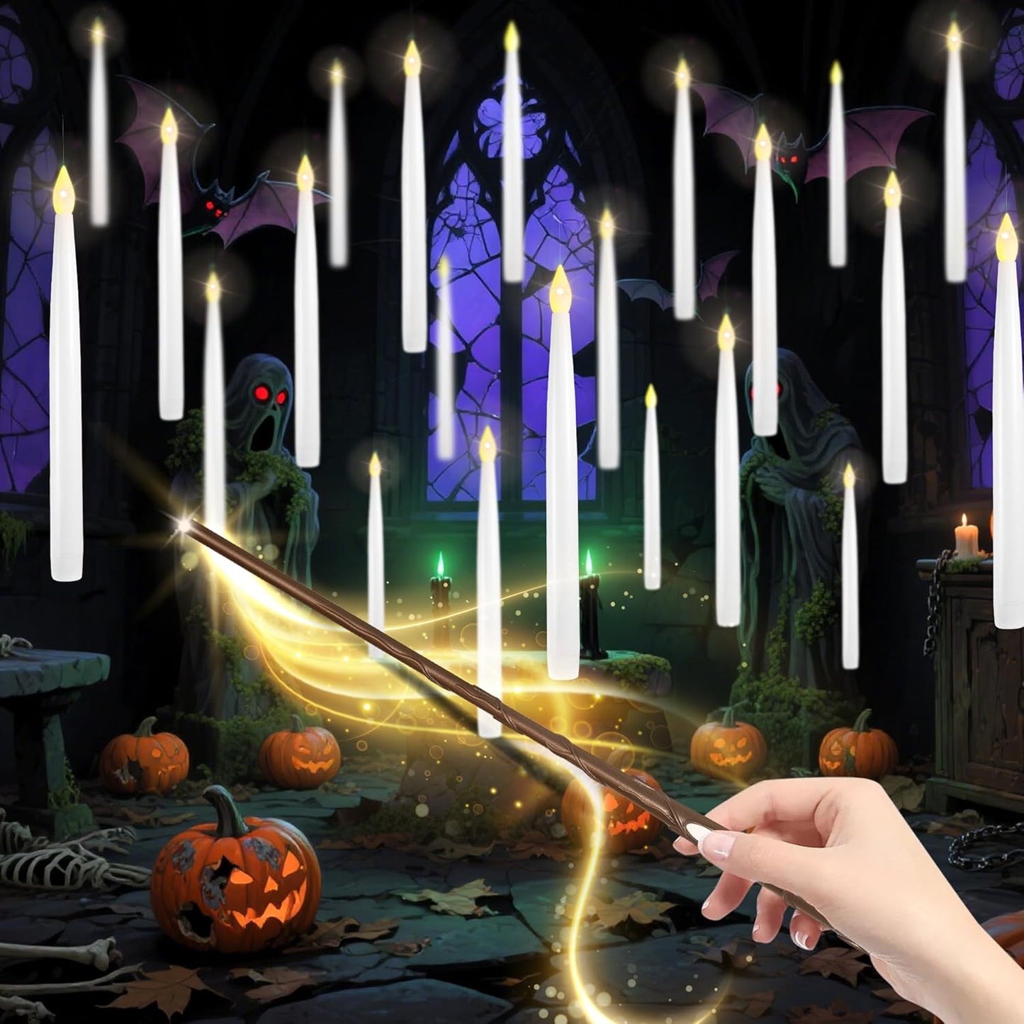 Floating Candles with Wand, 10 Pack Halloween Flameless Candles Battery Operated LED Taper Hanging Electric Candle for Christmas Halloween Birthday Party Decor 10.8in