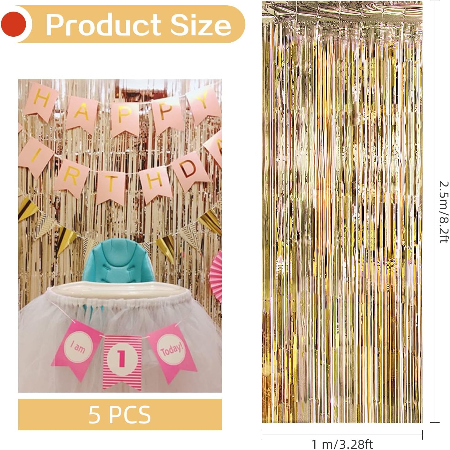 5 Pack Champagne Gold Fringe Curtains (3.2ft x 8.2ft) for Birthday, Wedding, Christmas Decoration