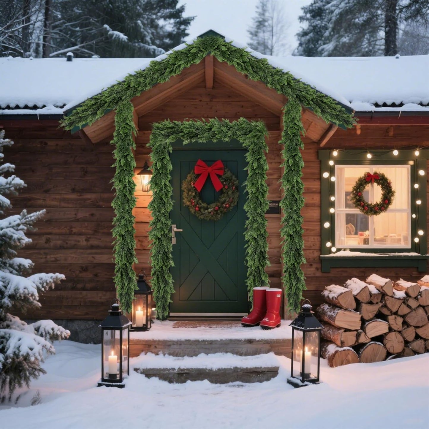 2PCS Christmas Cedar Garland 6FT Artificial Realistic Soft and Thickness Green Faux Cedar Pine Garlands, Holiday Xmas Decoration Stairs Wall Mantle Door Indoor Outdoor(2pcs, 6ft)