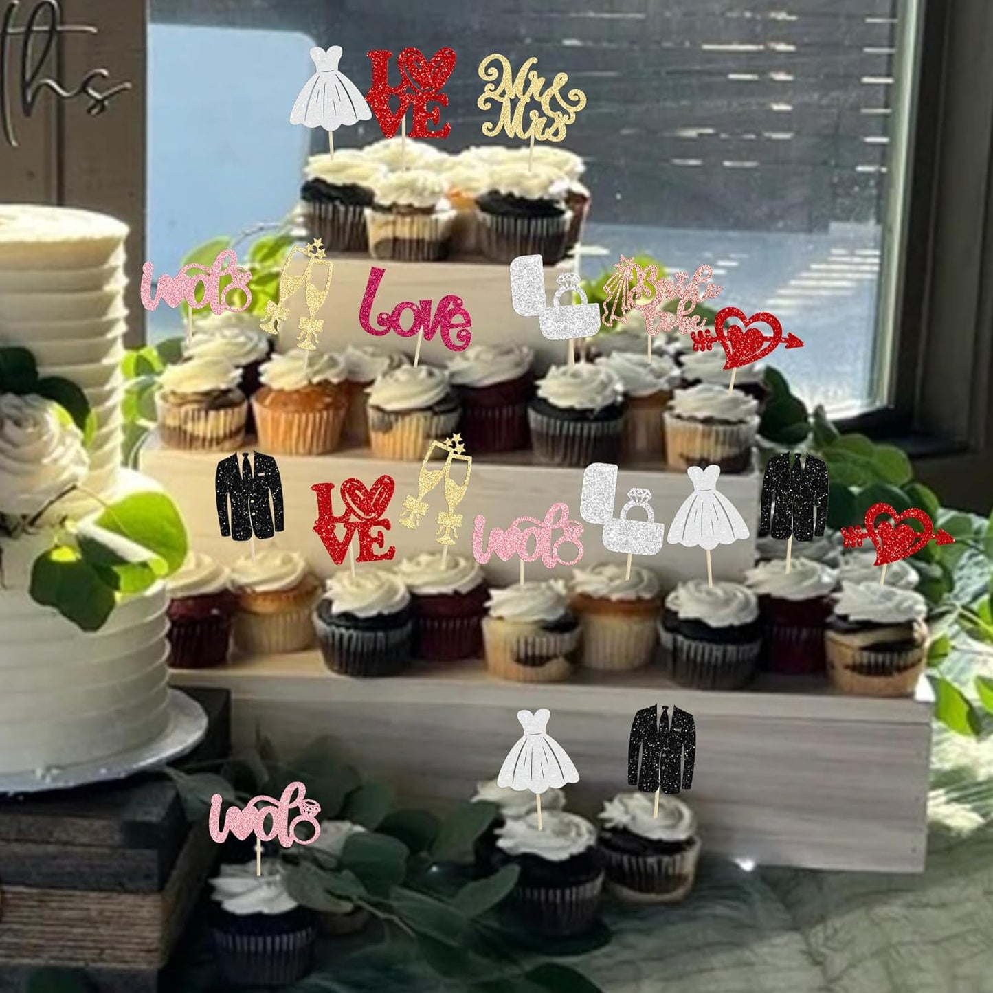 Ephlyn 30Pcs Bride to be Cupcake Toppers Glitter Wedding Cake Topper Decorations I Do Love Heart Ring Cupcake Picks for Bridal Shower Wedding Engagement Party Supplies Multicolor