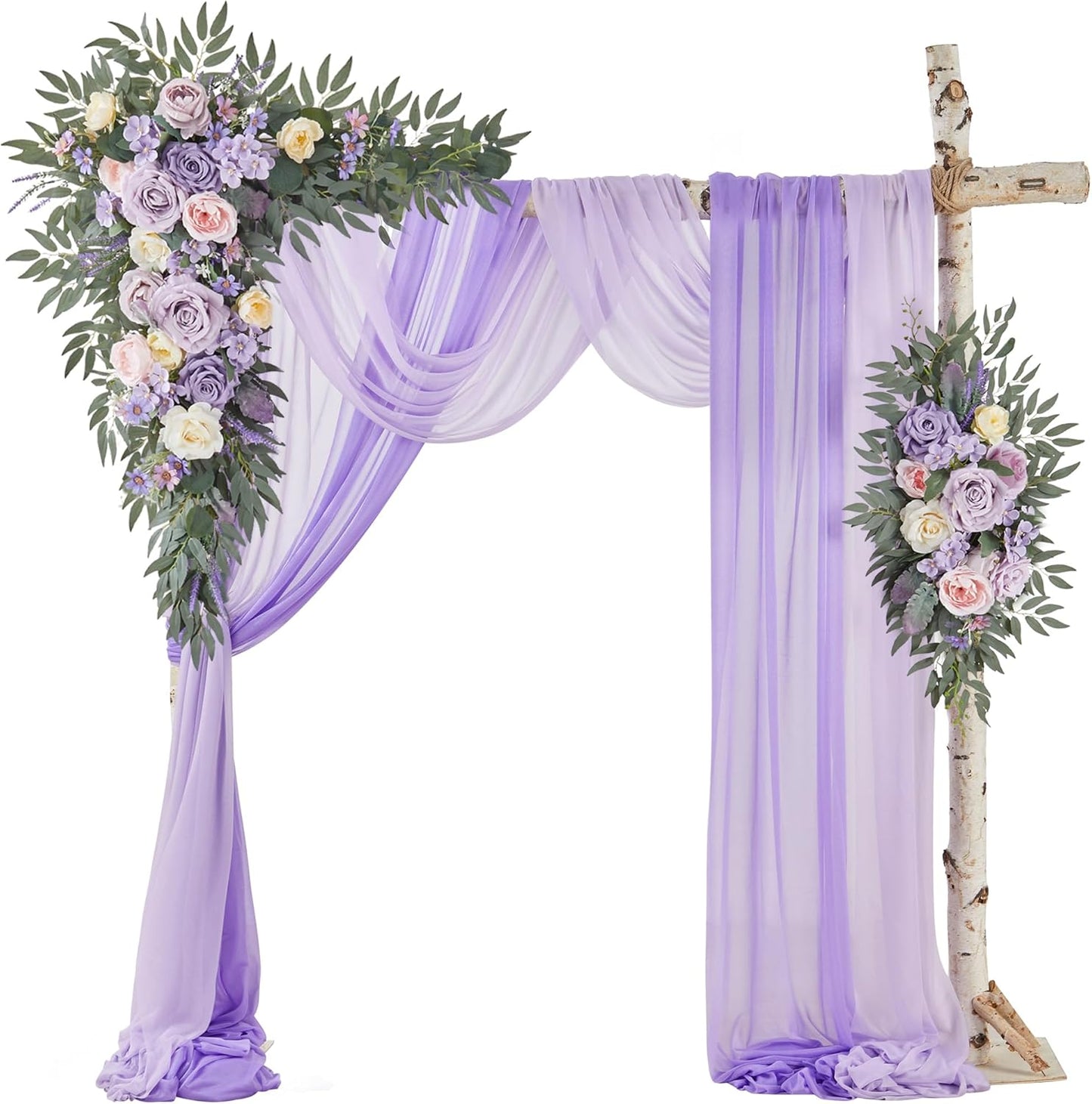 Wedding Arch Flowers with Drapes Kit (Pack of 4) - 2pcs Artificial Lilac Deluxe Swag with 2pcs Sheer Drapes for Wedding Ceremony Arbor Reception Backdrop Rose Floral Decoration