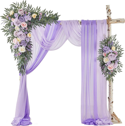 Wedding Arch Flowers with Drapes Kit (Pack of 4) - 2pcs Artificial Lilac Deluxe Swag with 2pcs Sheer Drapes for Wedding Ceremony Arbor Reception Backdrop Rose Floral Decoration