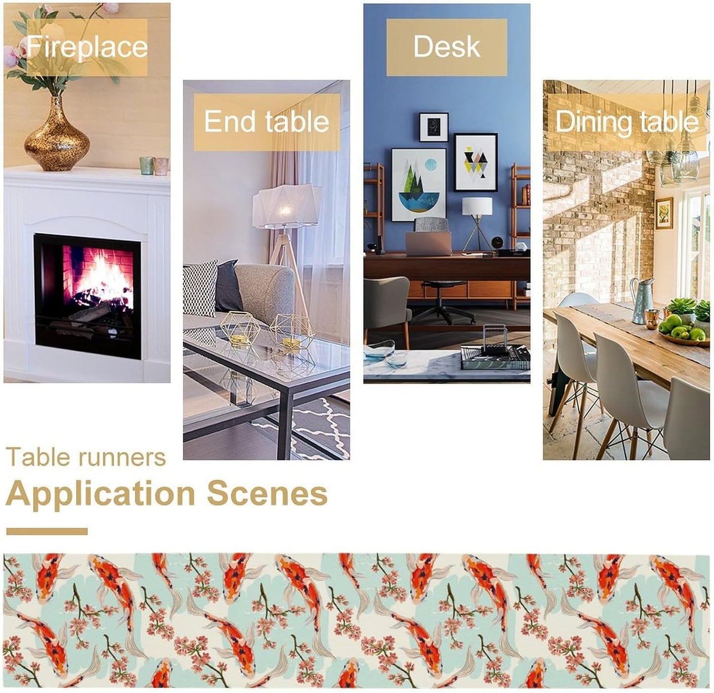 Japanese Kio Fish Table Runner Cherry Flower Art Printed Burlap Runner Home Kitchen Dining Table Living Room Decor Fabric 1 Panel W13xL70in