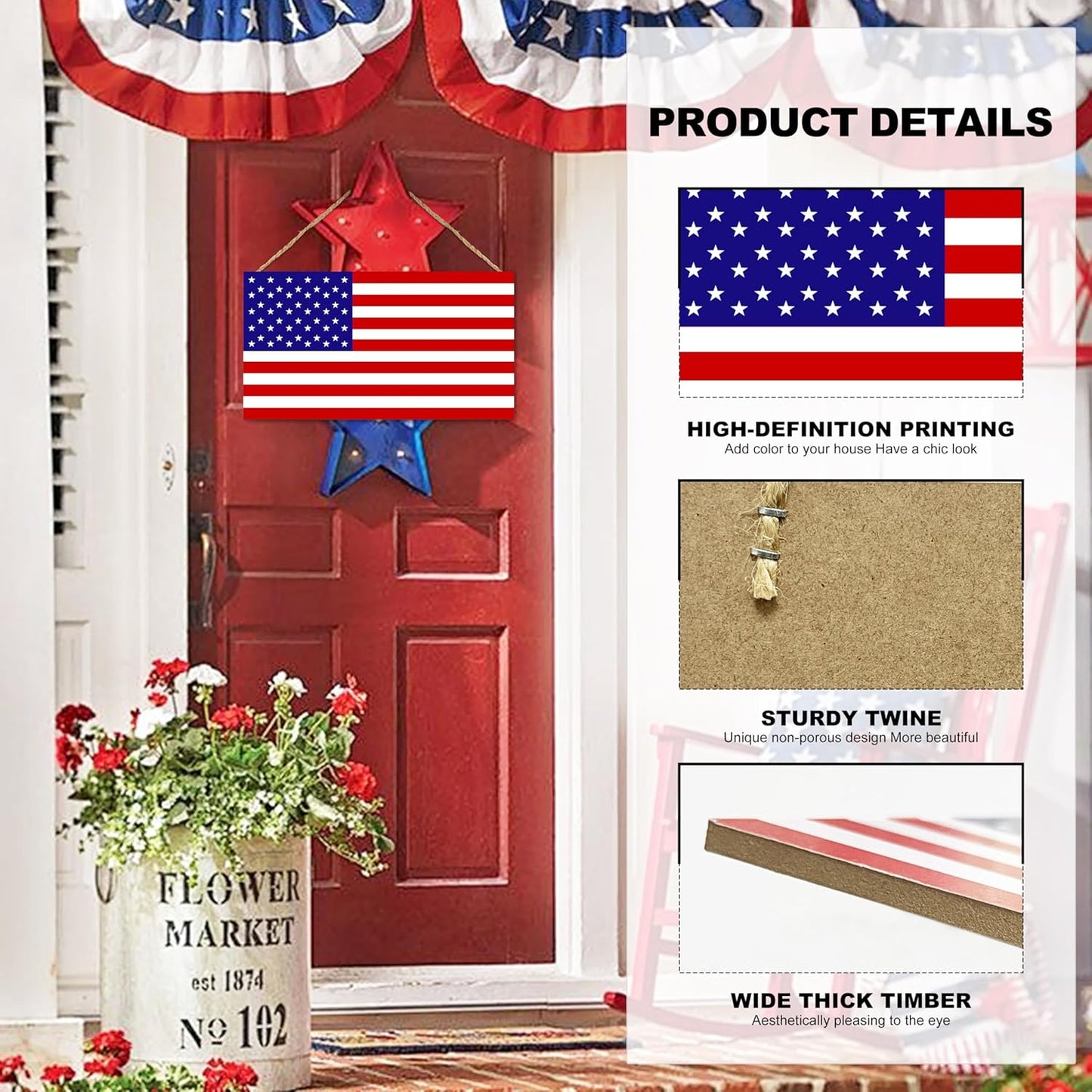 American Flag Door Hanging Sign，Farmhouse Patriotism Artwork Decorations Signs, Framed Indoor Outdoor Decorative Art Ornament for July 4th Independence Day, New Year, Holiday Party, Birthday