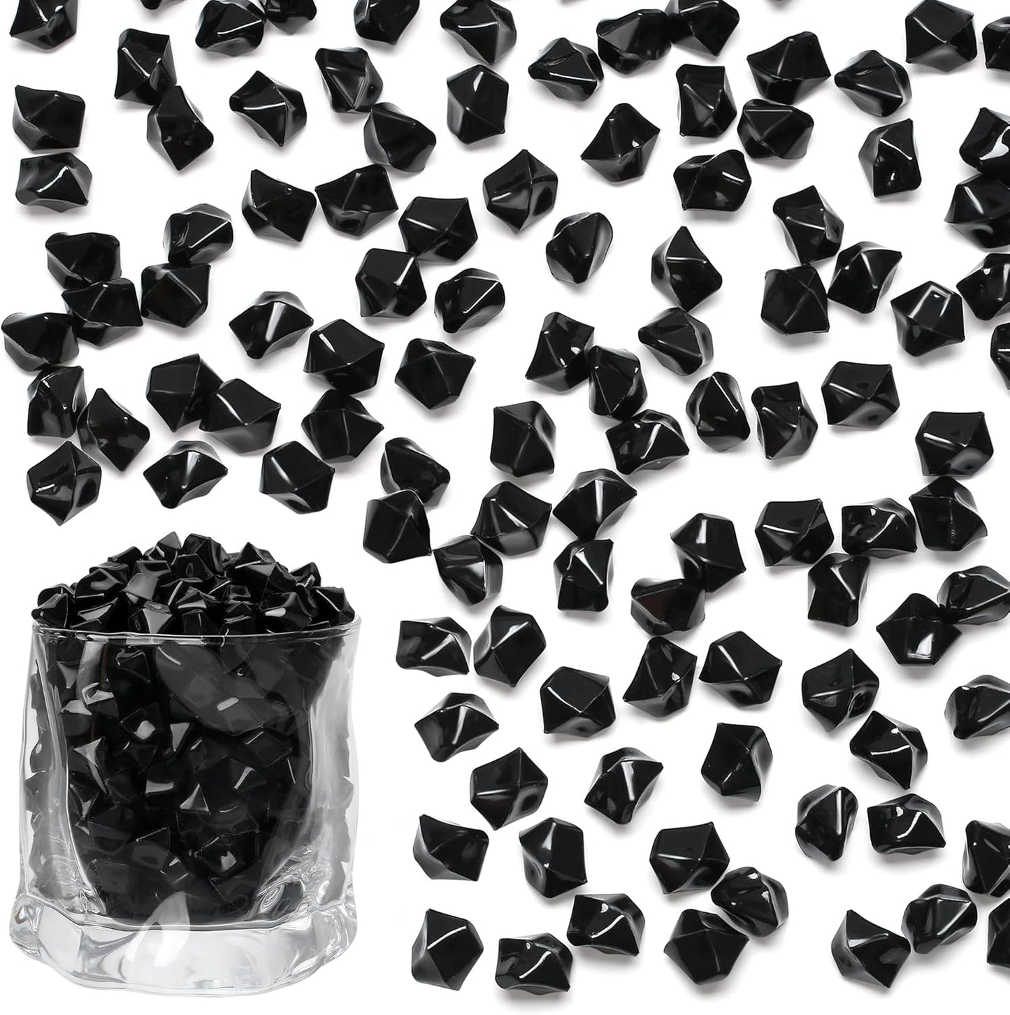 LAIDANLA 500PCS Black Acrylic Gems Vase Fillers for Centerpiece Black Fake Ice Cubes Plastic Diamonds Crushed Rocks for DIY Craft Party Table Scatter Prop Wedding Decoration Accessories