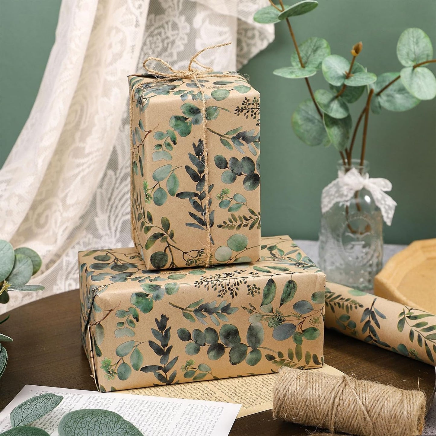 RUSPEPA Wedding Wrapping Paper, 17 in x 16.4 ft, Mini Roll, Eucalyptus Leaf Gift Wrap Paper, Green Flower Kraft Wrapping Paper for Women, Spring, Summer and Birthday