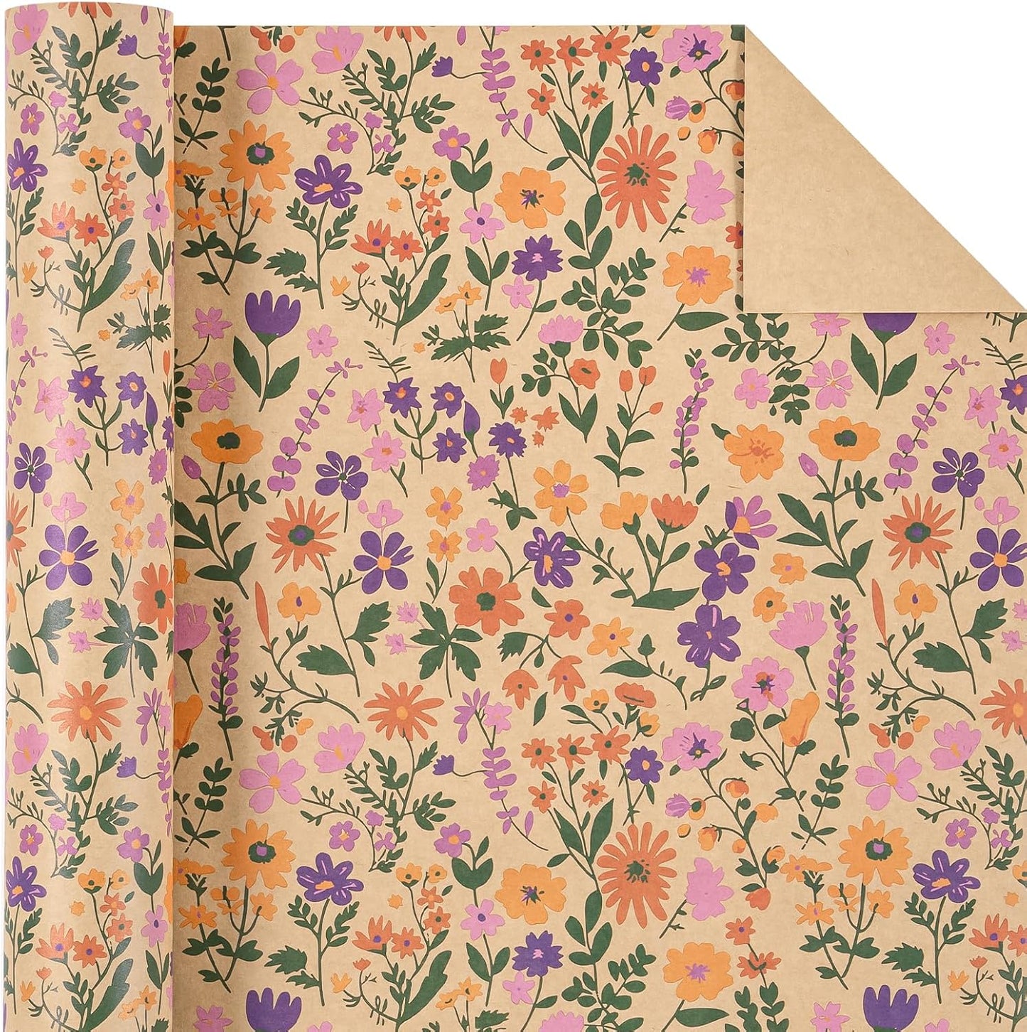 WRAPAHOLIC Kraft Floral Wrapping Paper Roll - Mini Roll - 17 Inch x 9.8 Feet - Vintage Flower Wrapping Paper, Perfect for Wedding, Birthday, Bridal Shower, Tea Party