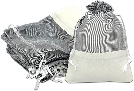 TheDisplayGuys For Your Modern Living 24-Pack Linen & Black Organza Gift Bags with Drawstrings (Medium 5 x 7 1/4) - Party Favors, Samples, Treats Mesh Pouches