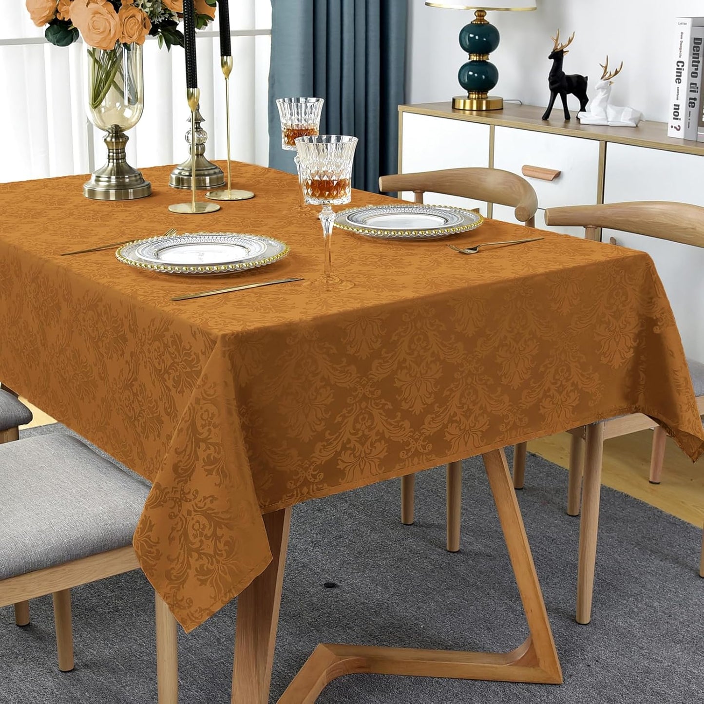 Rectangle Table Cloth - 52 x 70 Inch Brown Jacquard Tablecloths Damask Design Spillproof Wrinkle Resistant Shrinkproof Soft Tablecloth Polyester Oblong Table Cover for Kitchen Dinning Party Tabletop