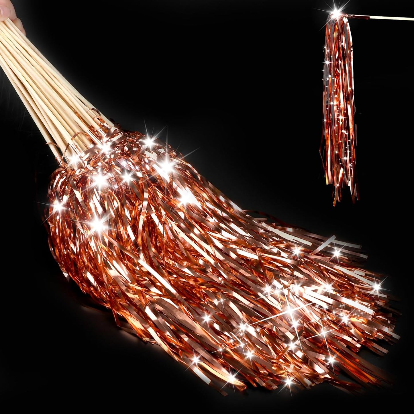 100 pcs Wedding Wands Light up with LED Tinsel Wedding Streamers for Wedding Send off and Greeting Ideal Props for Weddings, Birthday Parties, Christmas Cheerleading Games (Rose Gold)