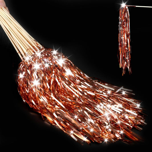 100 pcs Wedding Wands Light up with LED Tinsel Wedding Streamers for Wedding Send off and Greeting Ideal Props for Weddings, Birthday Parties, Christmas Cheerleading Games (Rose Gold)
