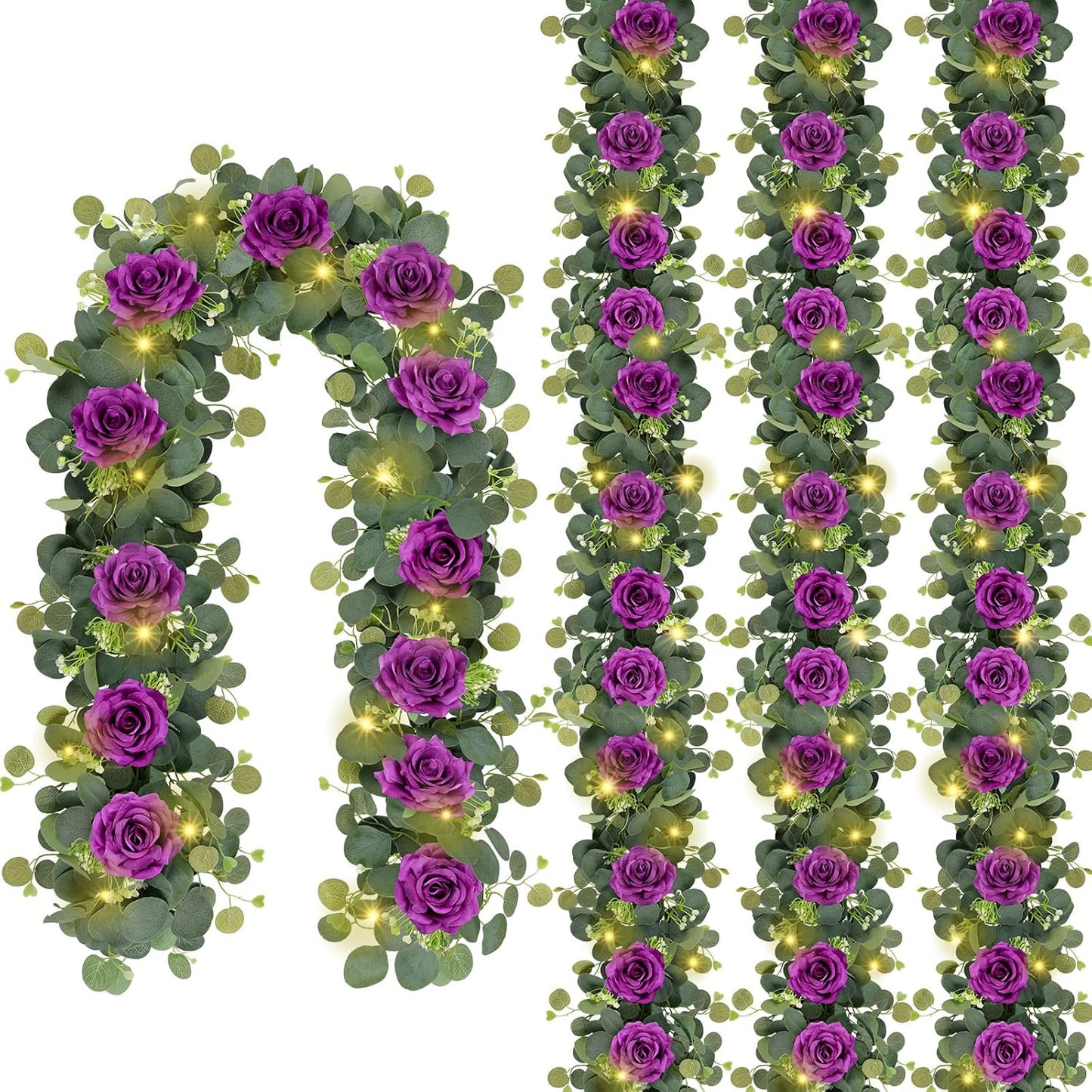 MACTING 4 Pack 26.4FT Eucalyptus Garland with Lights - Spring Gypsophila Flower Garlands with 48 Purple Roses Artificial Floral Greenery Vines for Arch Table Centerpieces Backdrop Party Wedding Decor