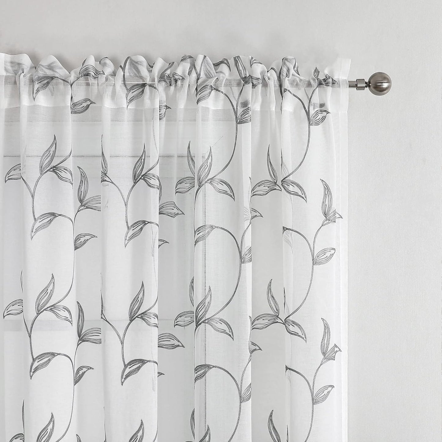 VISIONTEX Sheer Curtains 95 Inch Length 2 Panels, Decor Iron Grey Vine Leaves Embroidery on White Voile Pair, Accent Semi Window Drapes for Kitchen, Living Room and Bedroom, 54" W x 95" L