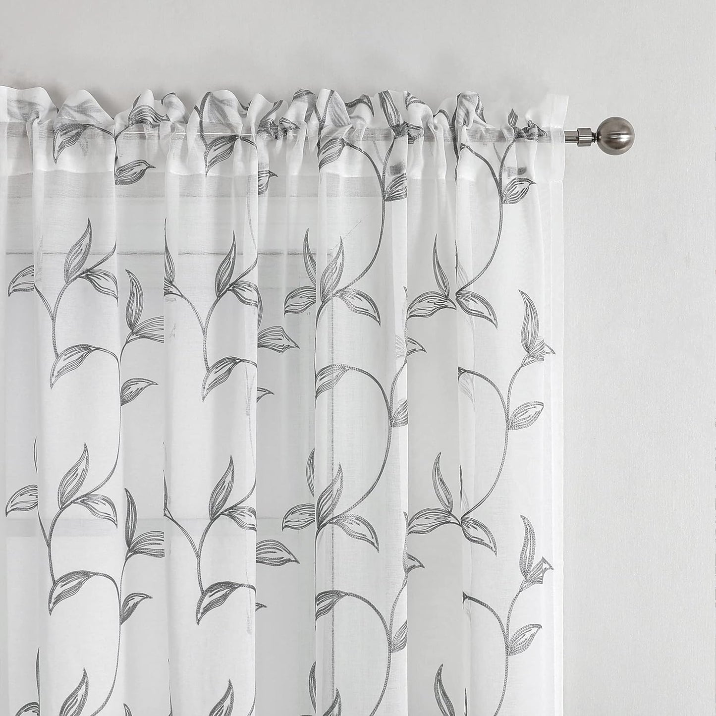 VISIONTEX Sheer Curtains 108 Inch Length 2 Panels, Decor Iron Grey Vine Leaves Embroidery on White Voile Pair, Accent Semi Window Drapes for Kitchen, Living Room and Bedroom, 54" W x 108" L
