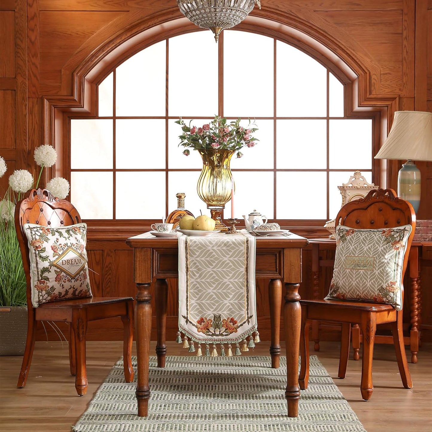 patdrea Designer Elegant French Floral Velvet Table Runner 87 Inch Long, Green with Orange Blossoms Pattern Table Mat, Decor for Kitchen Dining Coffee Table Cabinet Banquet Thanksgiving,12"*87"