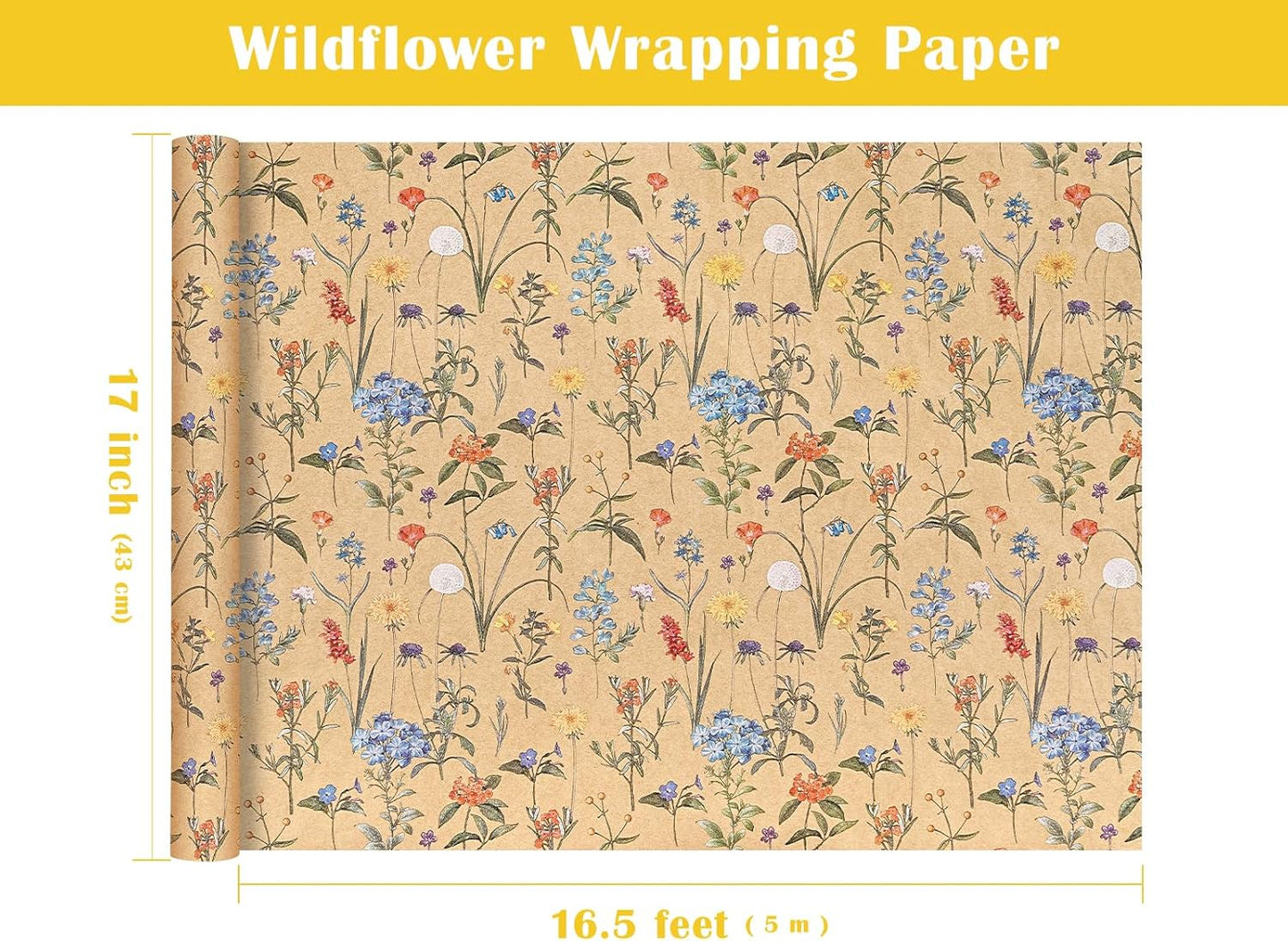 WRAPAHOLIC Kraft Floral Wrapping Paper Roll - Mini Roll - 17 Inch x 16.5 Feet - Wildflower Wrapping Paper Perfect for Girls Women Birthday, Wedding, Bridal Shower