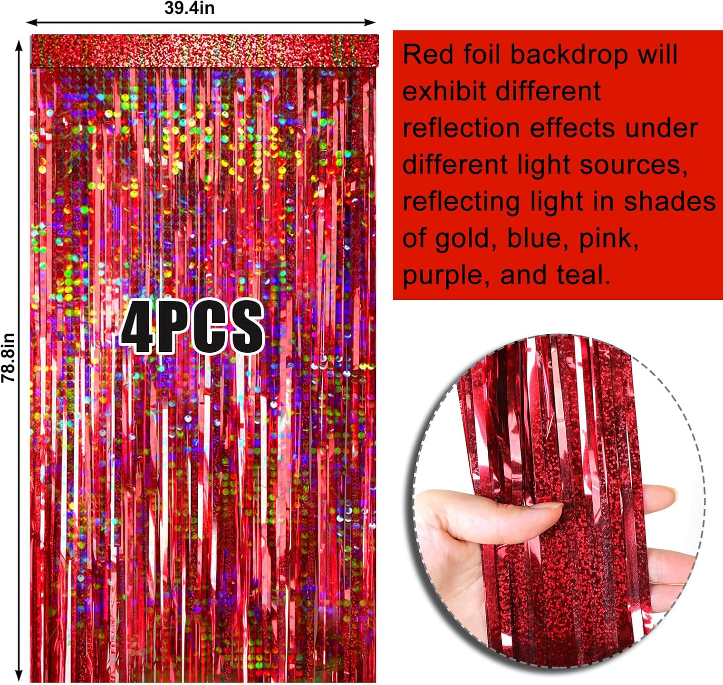 4 Packs Red Foil Fringe Curtain, Red Glitter Metallic Tinsel Backdrop for Birthday, Wedding, Baby Shower, Halloween, Christmas, Carnival, Casino Party Decorations Supplies
