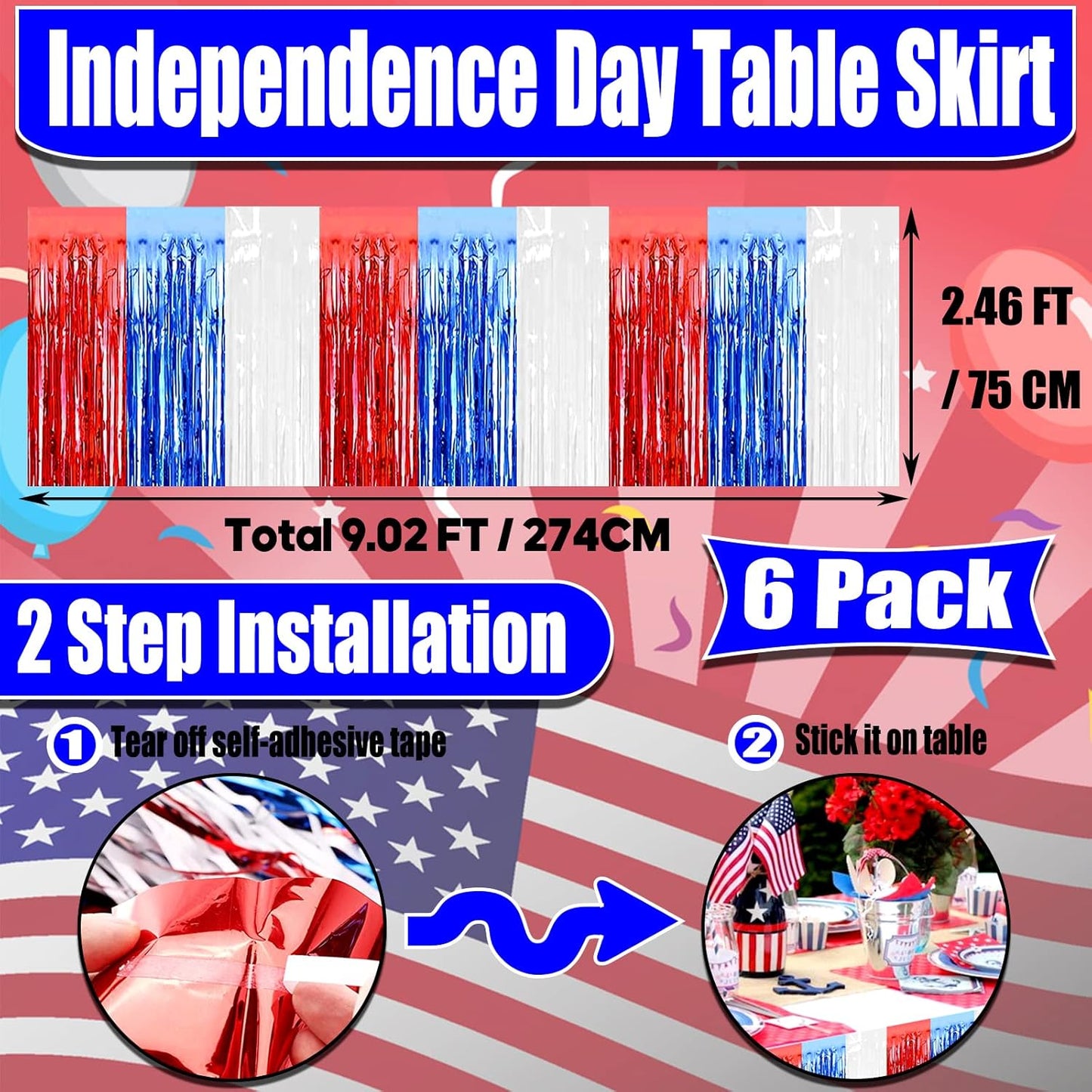 6 Pack 29x108 Inch Red Blue White Metallic Foil Fringe Tinsel Table Skirts for Rectangle Tables Streamer Curtains Backdrop for Wedding, Birthday, Parade Floats, Independence Day Party Decoration