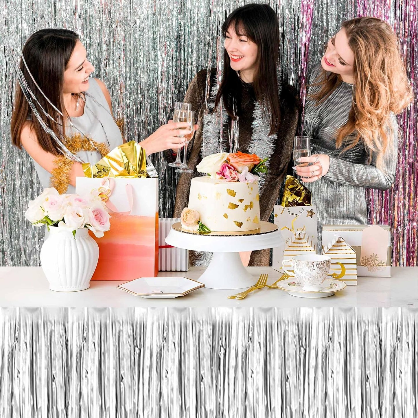 3 Pack 29 x108 Inch Silver Foil Fringe Table Skirts Metallic Banner for Tinsel Streamer Garland Backdrop for Parade Floats Mother's Day, Graduate, Birthday, Wedding Party Decoration