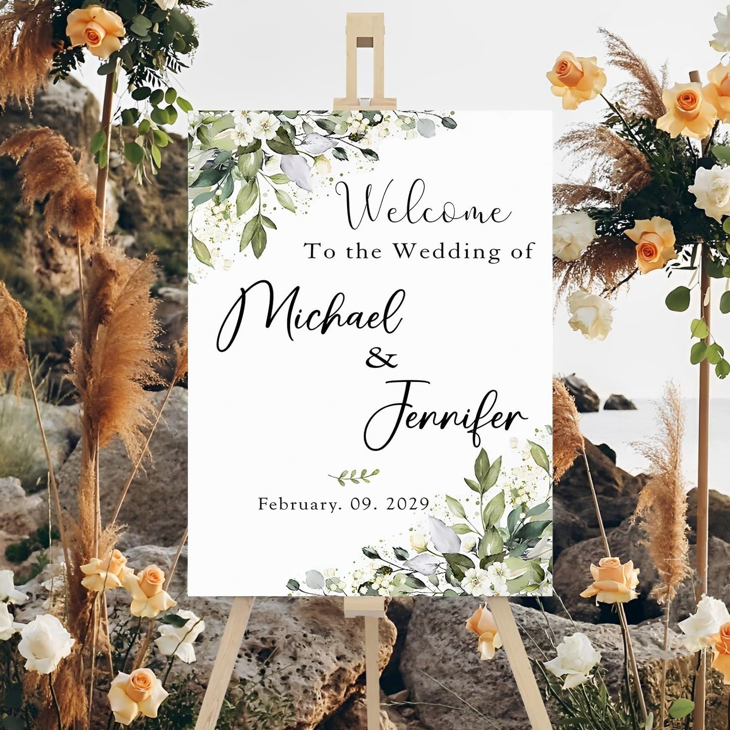Custom Wedding Welcome Sign, Rustic Wedding Signs, Wedding Decorative Signage, Wedding Reception Signs, Greenery Theme Wedding Sign Decoration, Wedding Sign Flowers