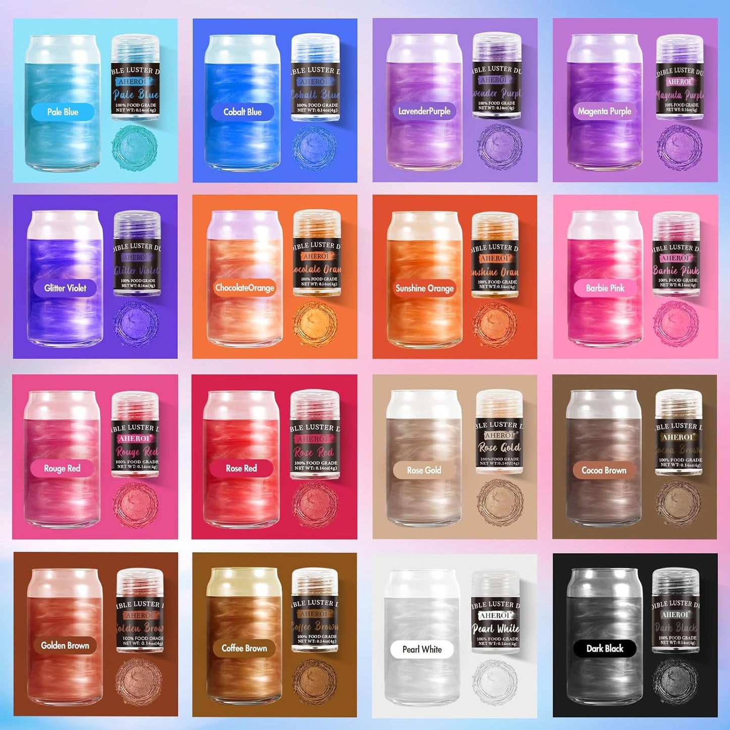 Aheroi Edible Glitter, 24 Colors Luster Dust Edible, Cocktail Glitter Luster Dust Sprinkles Drink Glitter Set, Shimmering Glitter Powder Glitter for Fondant Cake Chocolate Cocktail Candy（4g/0.14oz）