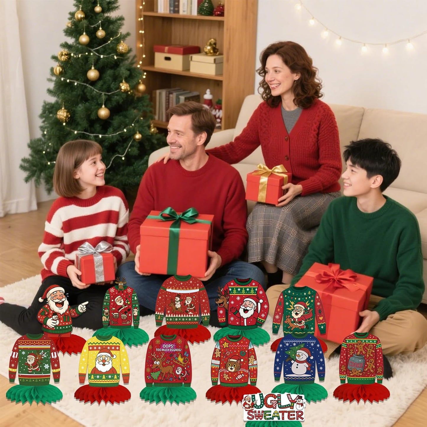 12Pcs Christmas Ugly Sweater Party Decorations Ugly Sweaters Honeycomb Centerpieces Xmas Table Topper Christmas Table Centerpieces for Merry Christmas Winter Holidays Party Supplies