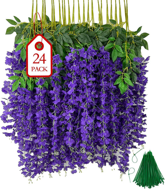 24 Pcs of Wisteria Hanging Flowers, 3.75 Feet Fake Wisteria Flower Strings, Artificial Wisteria Flowers Hanging Garland for Backdrop, Wedding, Ceremony,Garden and Home Wall Decoration (Dark Purple)