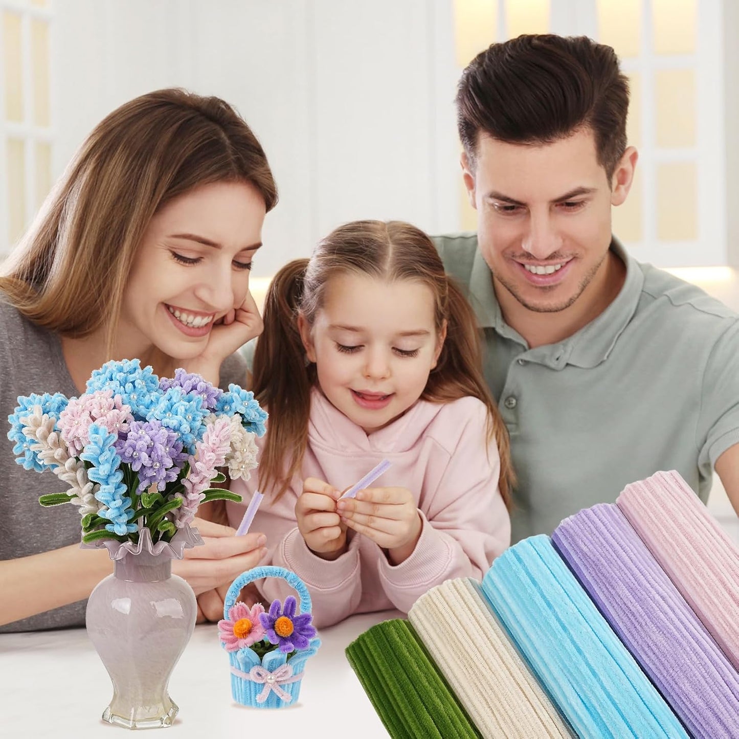 400 Pcs Soft Craft Pipe Cleaners Flowers,5 Colors Chenille Stems Bulk with Floral Wires, Gardening Tape,Greeting Card,Bouquet Paper,Hot Glue Stick,Pearl & Ribbon,Ideals for Various Types Decor