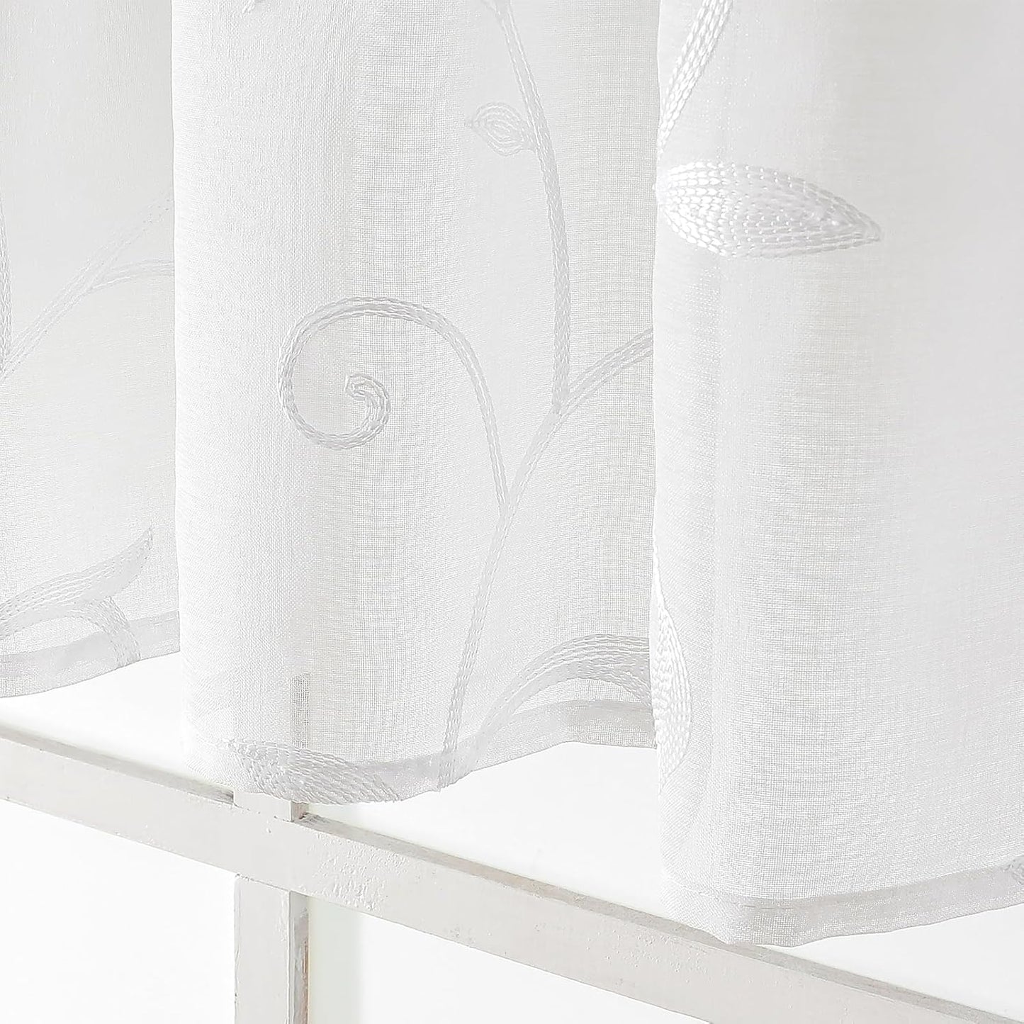 VISIONTEX Sheer Voile Curtain Valances, Decorative Leaves Embroidered, Rod Pocket Window Treatment for Kitchen/Rustic Bedroom/Living Room (54 x 16 Inch,1 Panel)