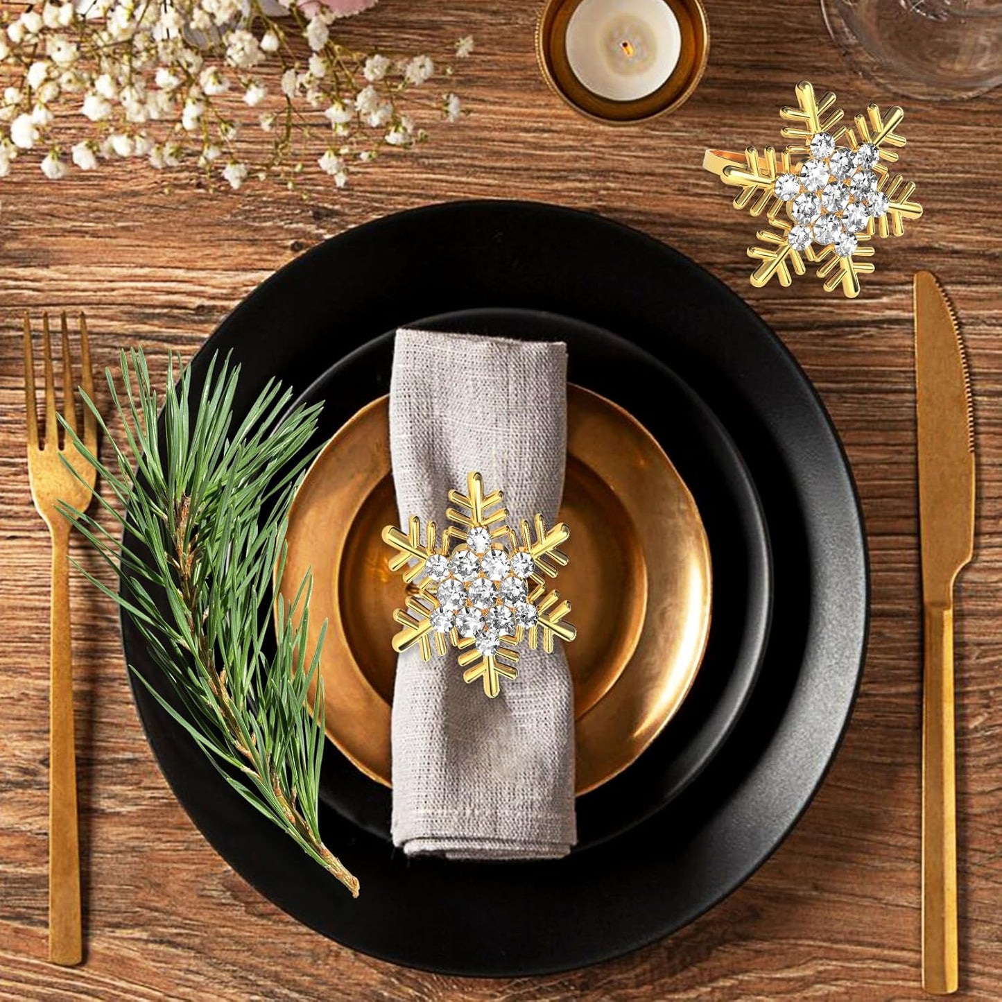 Halatool Christmas Napkin Rings Set of 6, Gold Snowflake with White Rhinestone Napkin Holder for Christmas Thanksgiving Winter Holiday Place Setting, Weddings, Party Table Decoration