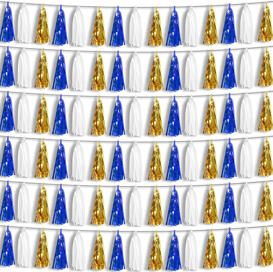 6P Navy-Blue White-Gold Foil Fringe Metallic Tassel-Garland, Tassels Banner Streamers for Parade Floats, Bachelorette, Wedding, Birthday, Graduation, Christmas, Bridal/Baby Shower Party Decorations